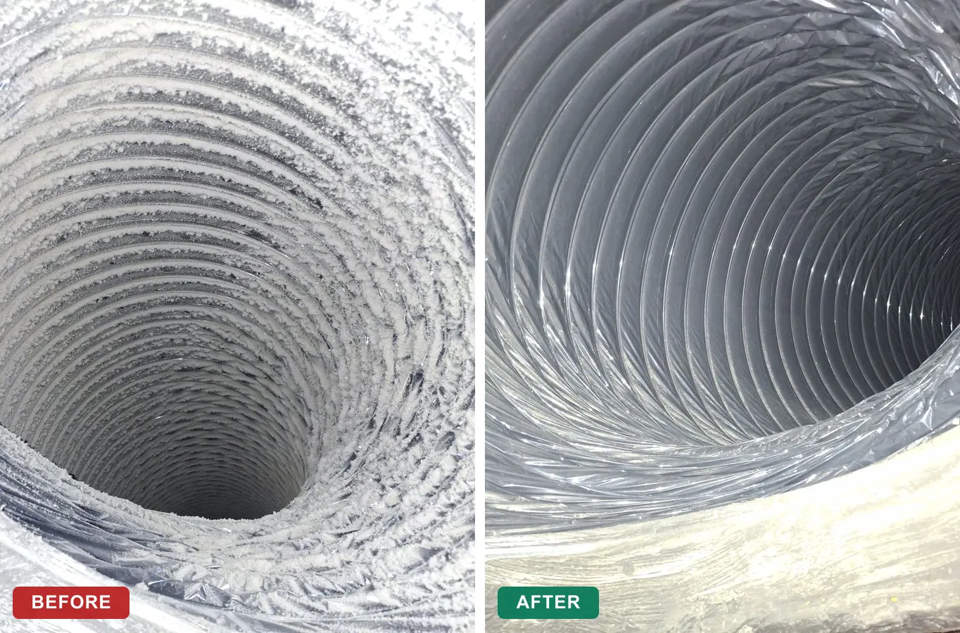 Air duct flex duct before and after cleaning Dallas Fort Worth TX