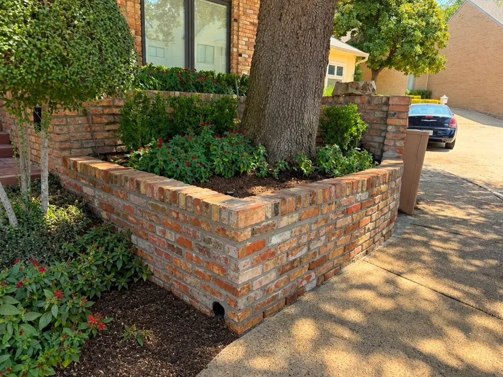 Brick retaining wall after rebuild — new brickwork — Dallas Fort Worth TX