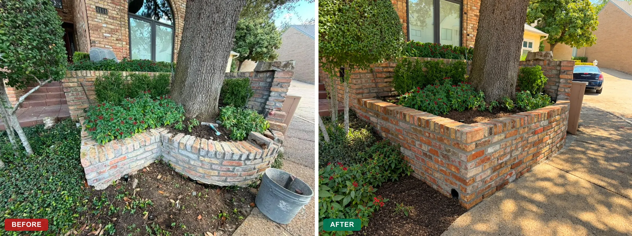 Brick retaining wall rebuild before and after Dallas Fort Worth TX